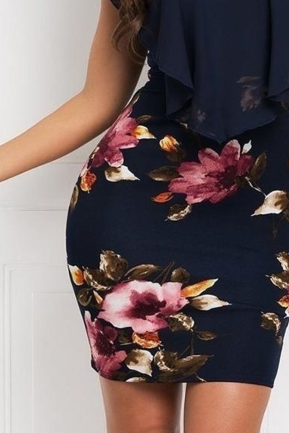 Back view of black Printed Ruffled Cap Sleeve Mini Dress