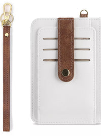 White wallet with brown strap and gold accents on a white background
