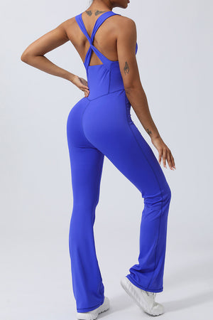 Back view of blue Crisscross Wide Strap Sleeveless Jumpsuit