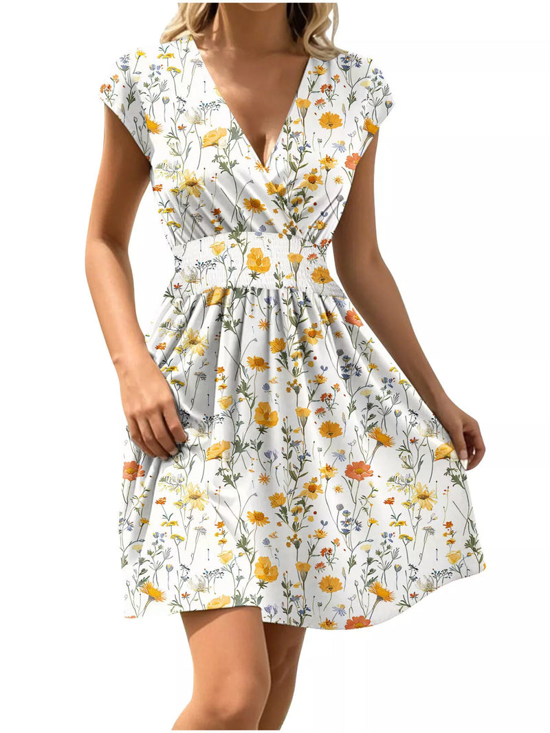 Woman wearing a floral dress on a white background