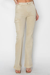 Beige flared jeans on a white background