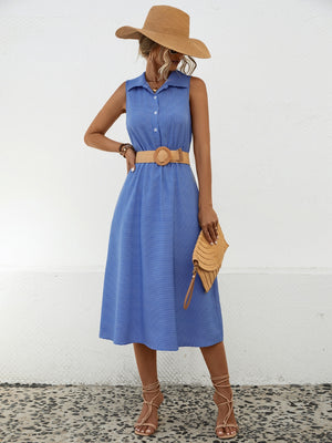 Blue Striped Collared Neck Sleeveless Midi Dress