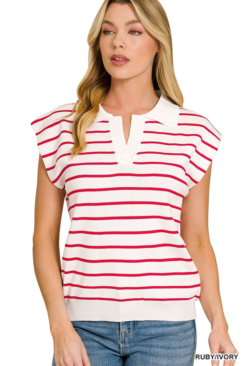 Woman wearing a red and white striped shirt with cap sleeves on a white background
