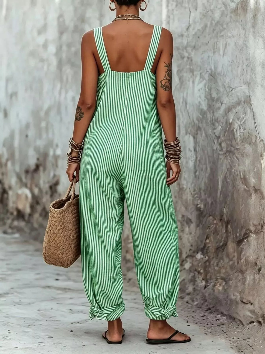 Back view of green Full Size Striped Square Neck Wide Leg Jumpsuit Plus Size
