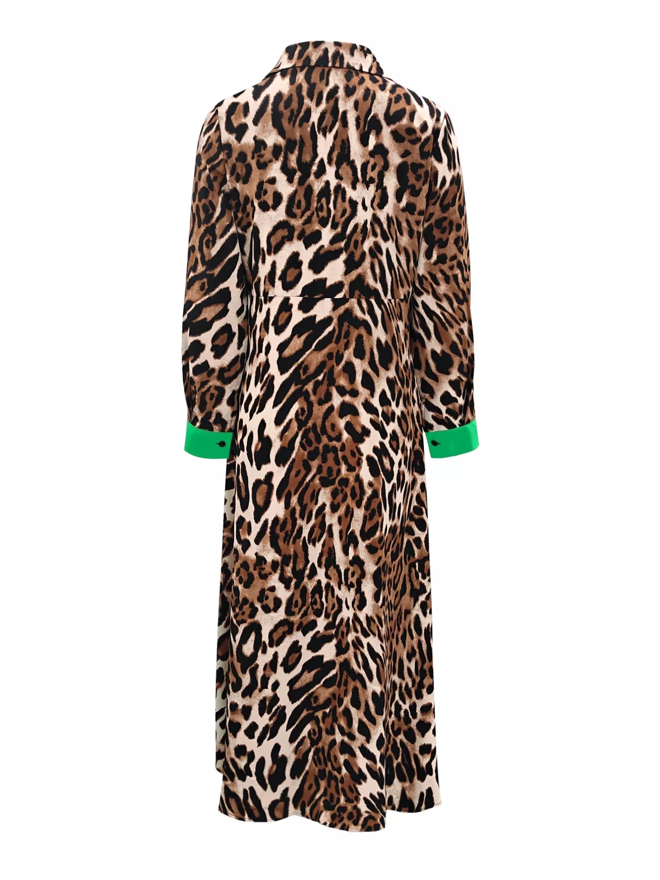 Leopard print dress with green cuffs on a white background