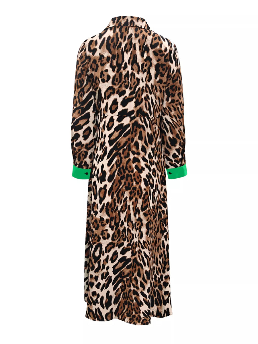 Leopard print dress with green cuffs on a white background