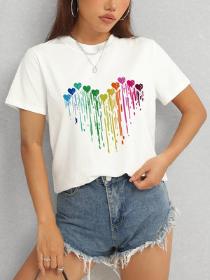 White Heart Round Neck Short Sleeve T-Shirt