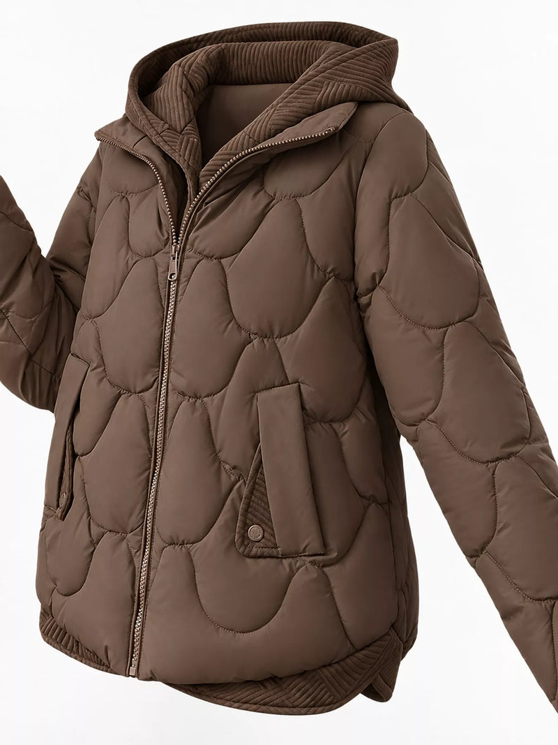 A brown quilted puffer jacket with a hood, shown on a plain white background.