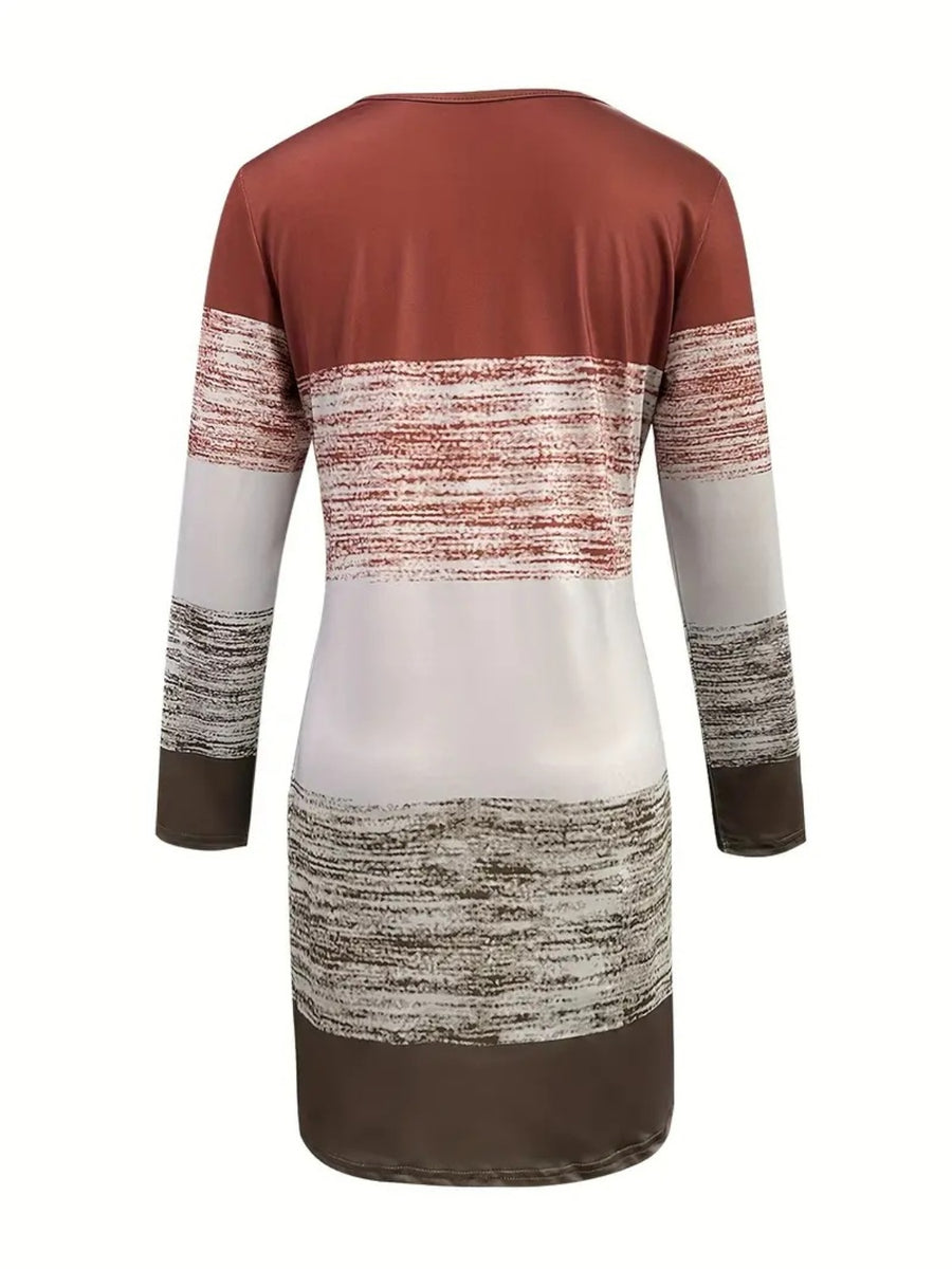 Back view of Color Block Round Neck Long Sleeve Dress
