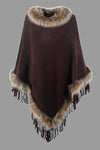 Faux Fur Trim Fringed Poncho For Women