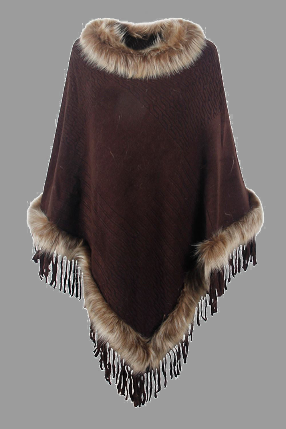 Brown poncho with fur trim on a gray background