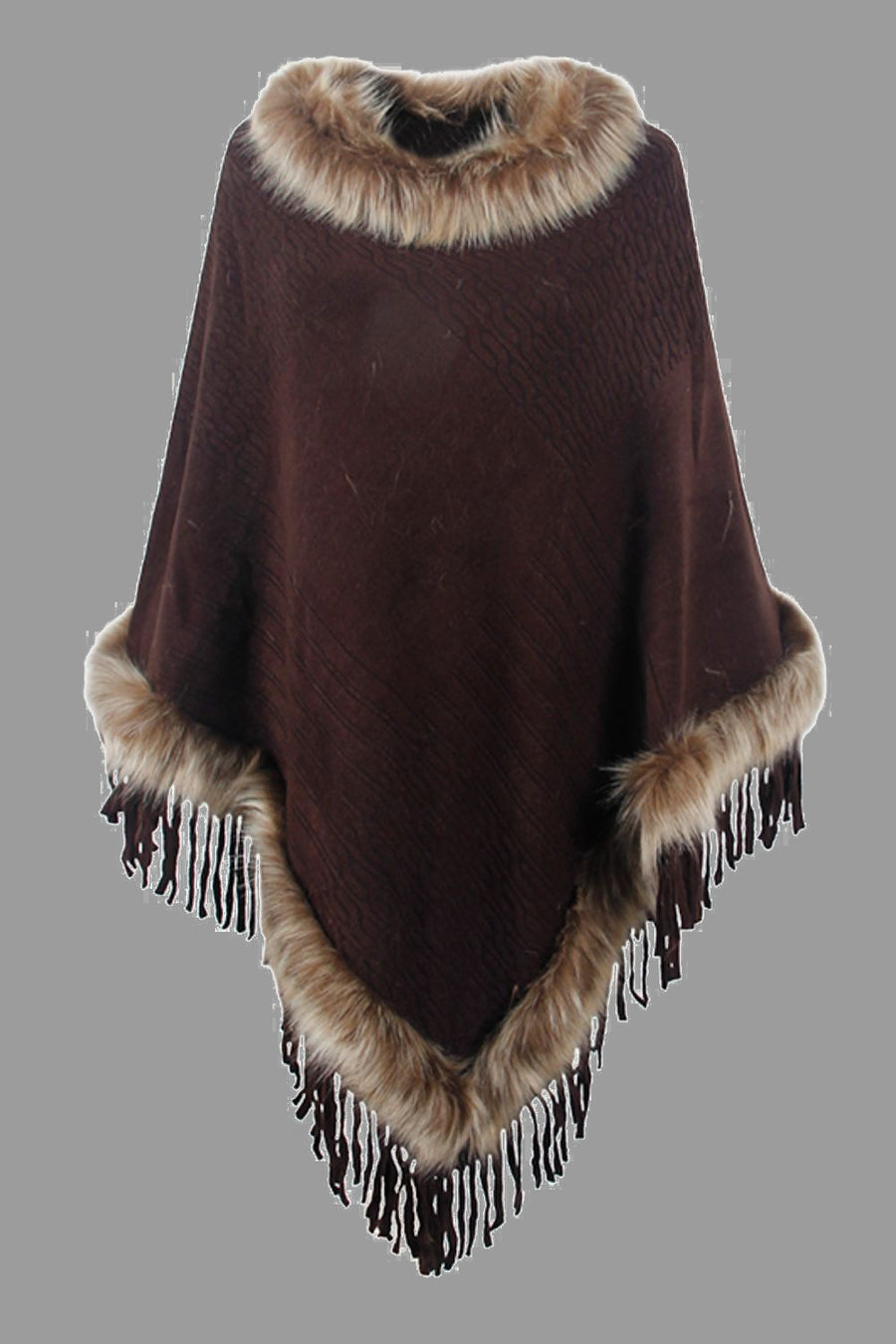 Brown poncho with fur trim on a gray background