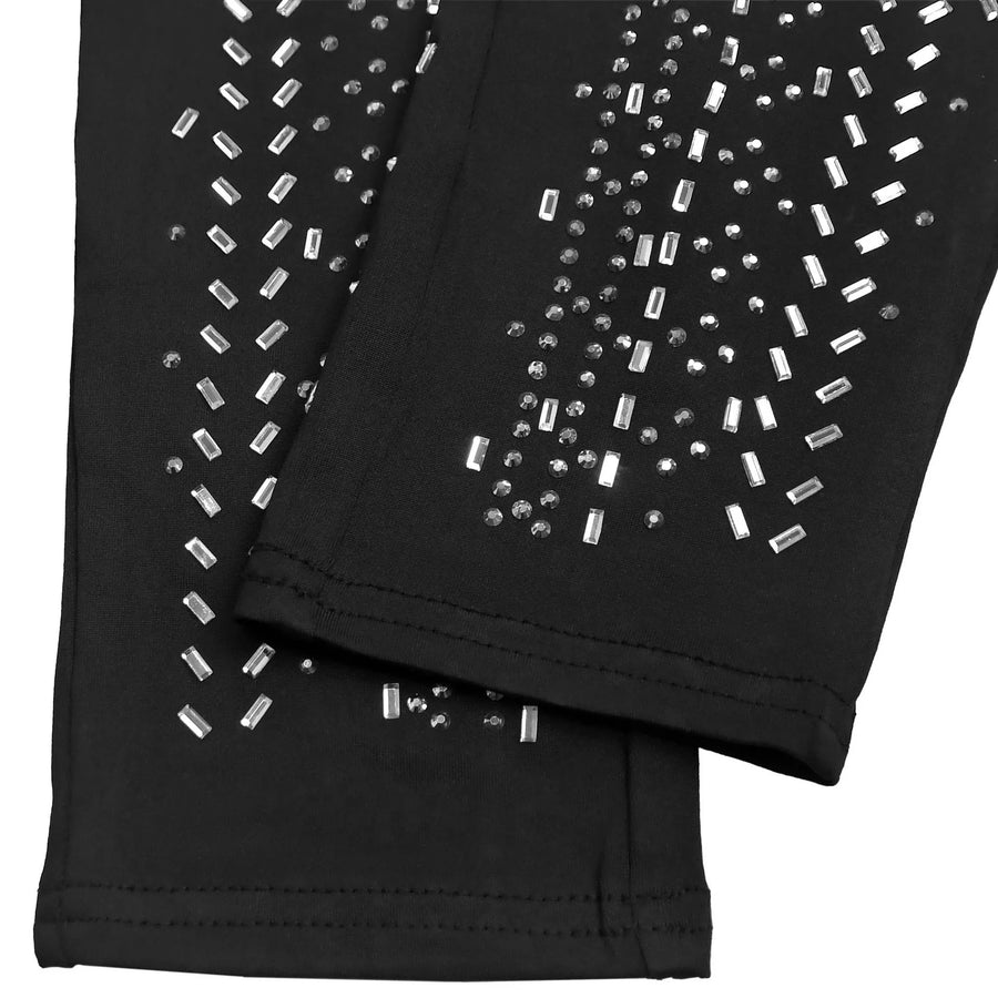 Black leggings with silver bead embellishments on a white background
