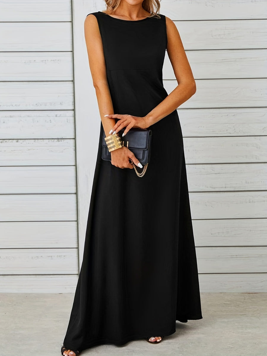 Woman wearing a black sleeveless dress against a light wooden panel background