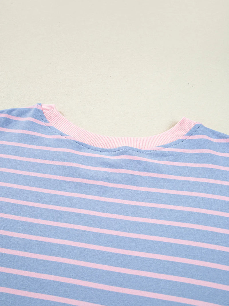 Close-up of a blue and pink striped fabric with a plain background