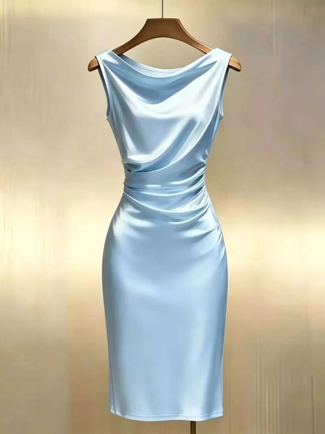Light blue dress on a wooden hanger against a beige background