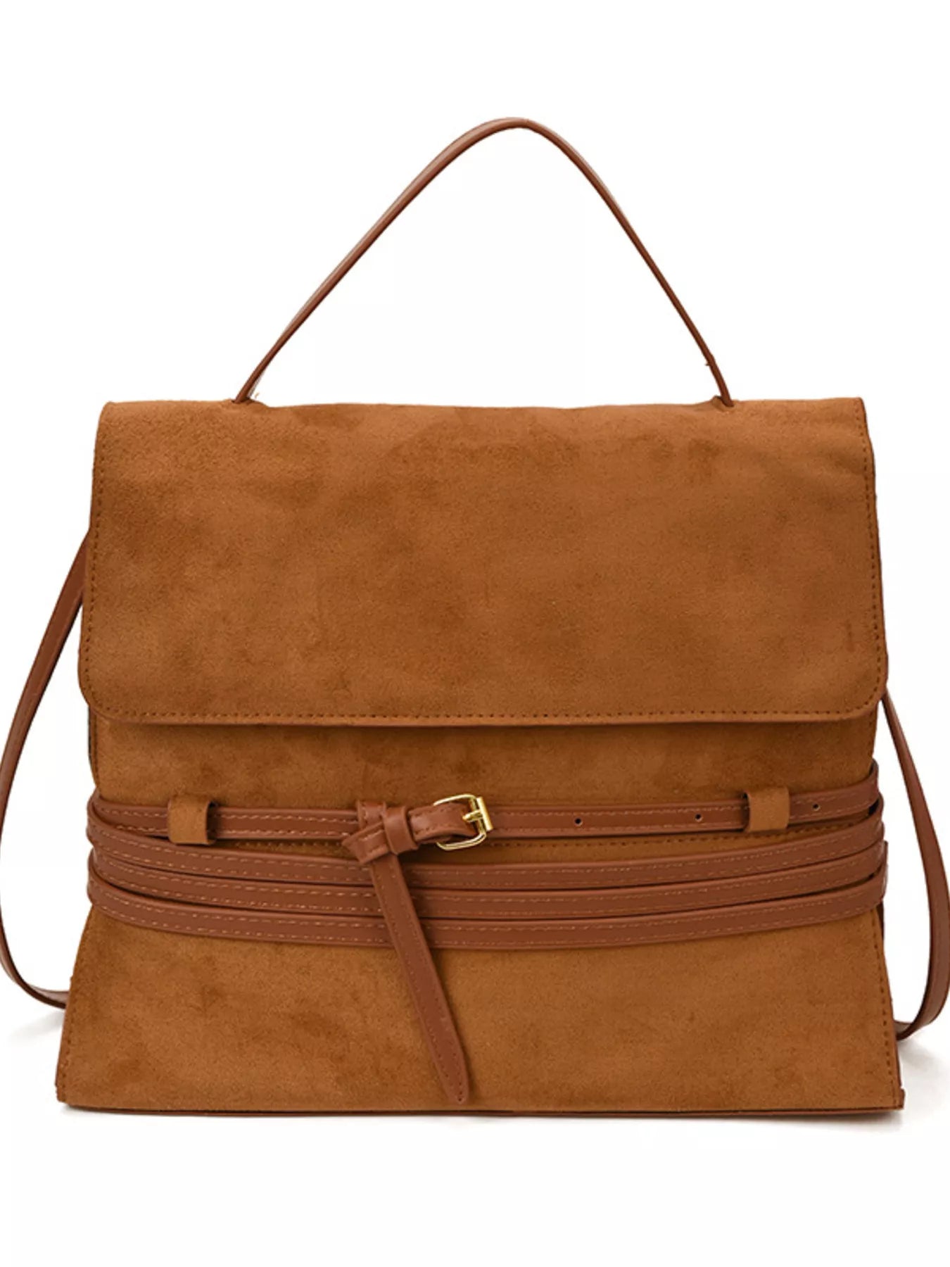 Brown suede handbag with a strap on a white background