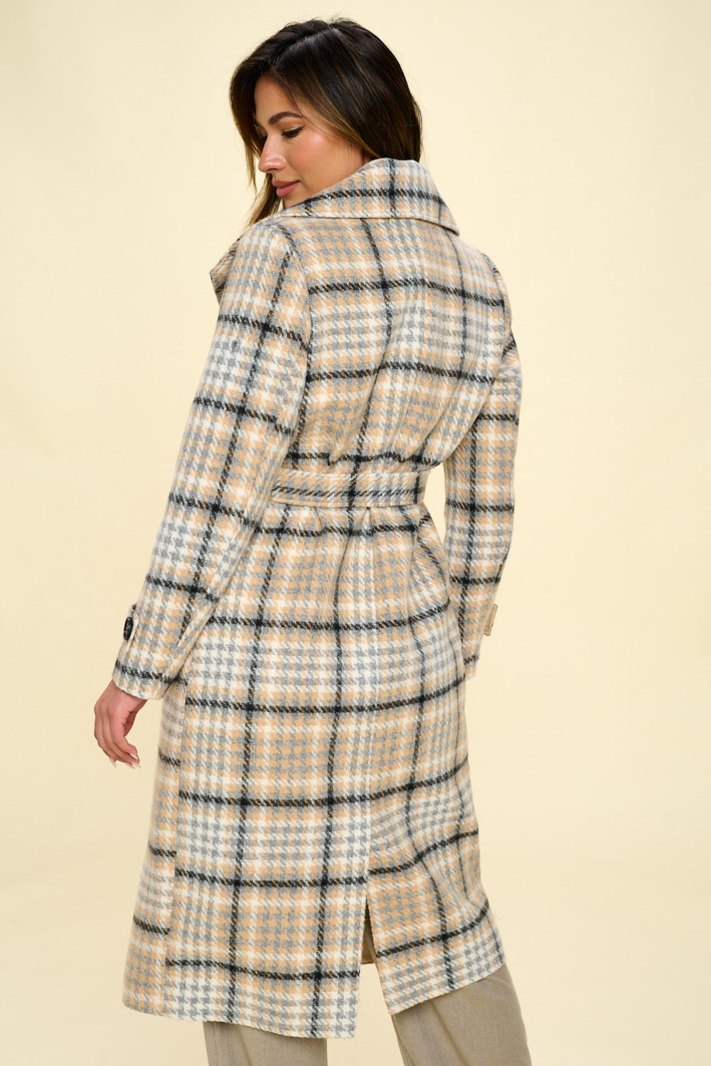 Back view of Coalition LA Double-Breasted Plaid Coat with Belt