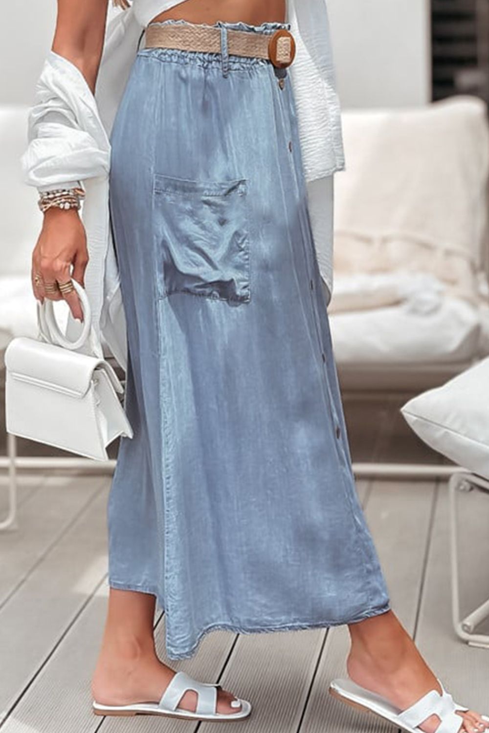 View of pocket on Frill Midi Skirt with Pockets