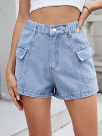 Light blue denim shorts worn by a person with a neutral background