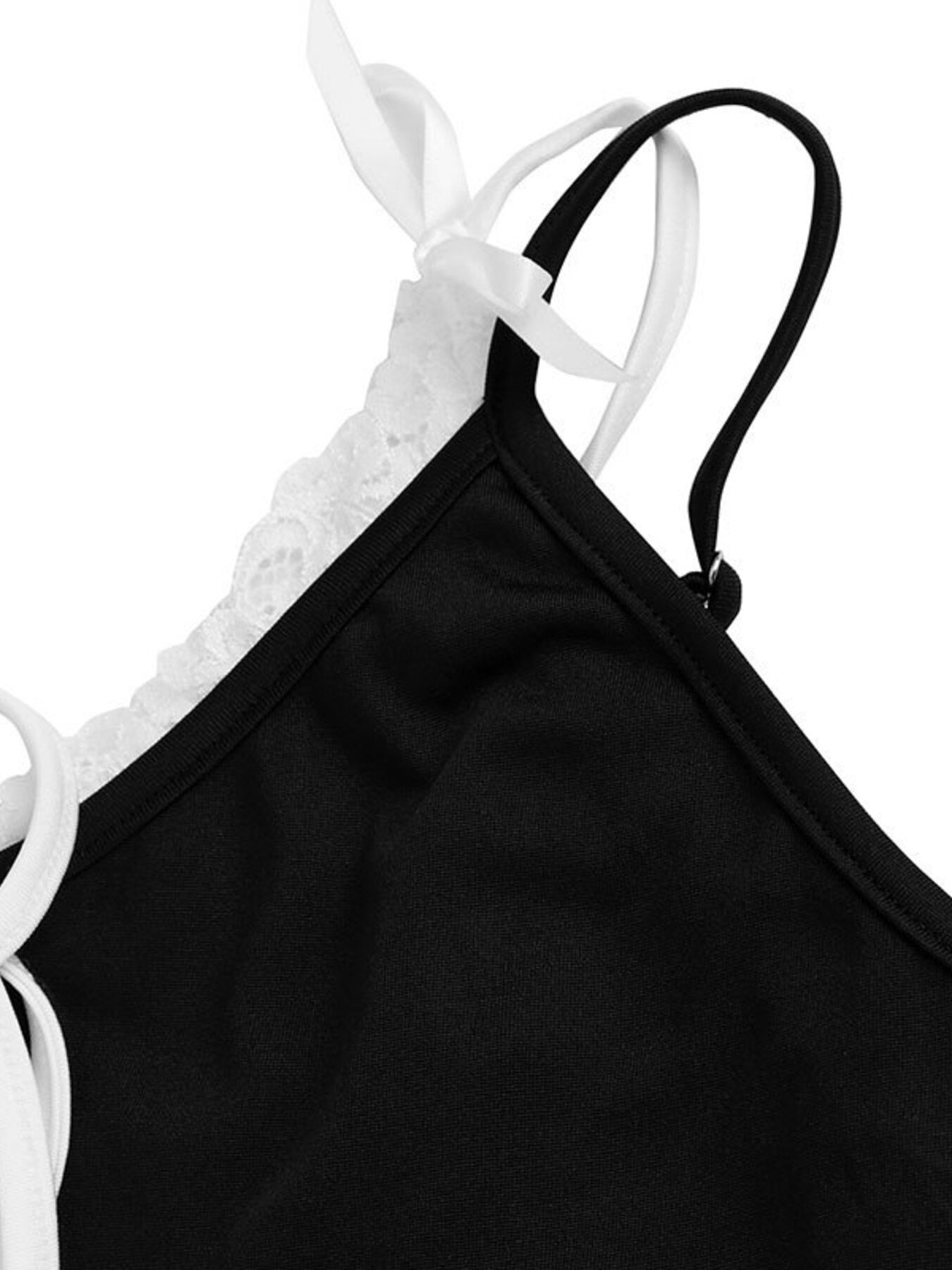 Black tank top with white lace trim on a white background