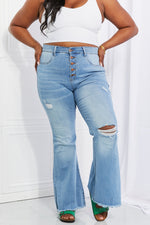 Close up view of plus size Vibrant MIU Jess Flare Jeans | Ultra High Rise Button Fly Denim
