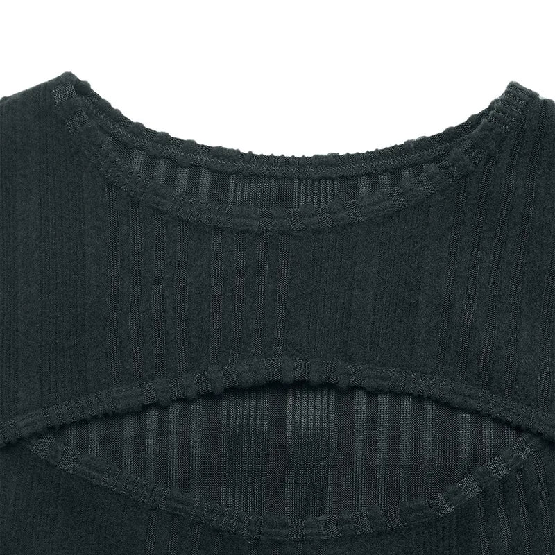 Close-up of a black sleeveless top with textured fabric on a white background