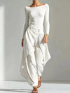Boat Neck Long-Sleeve Top and Wrap Wide-Leg Pant Set