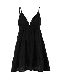 Black slip dress with lace details on a white background