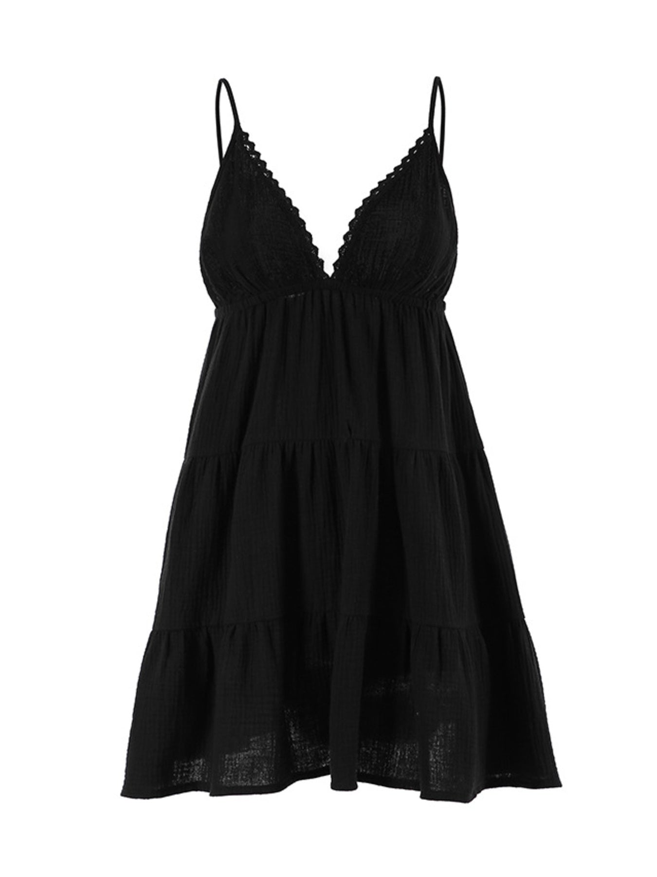 Black slip dress with lace details on a white background