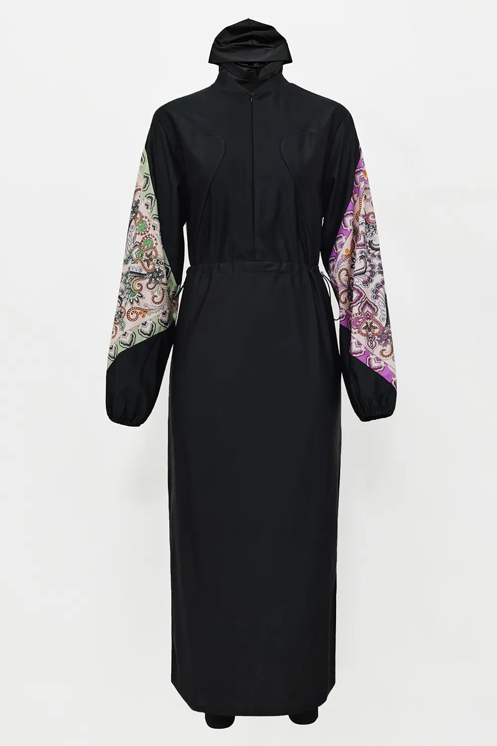 Black abaya with colorful sleeves on a white background