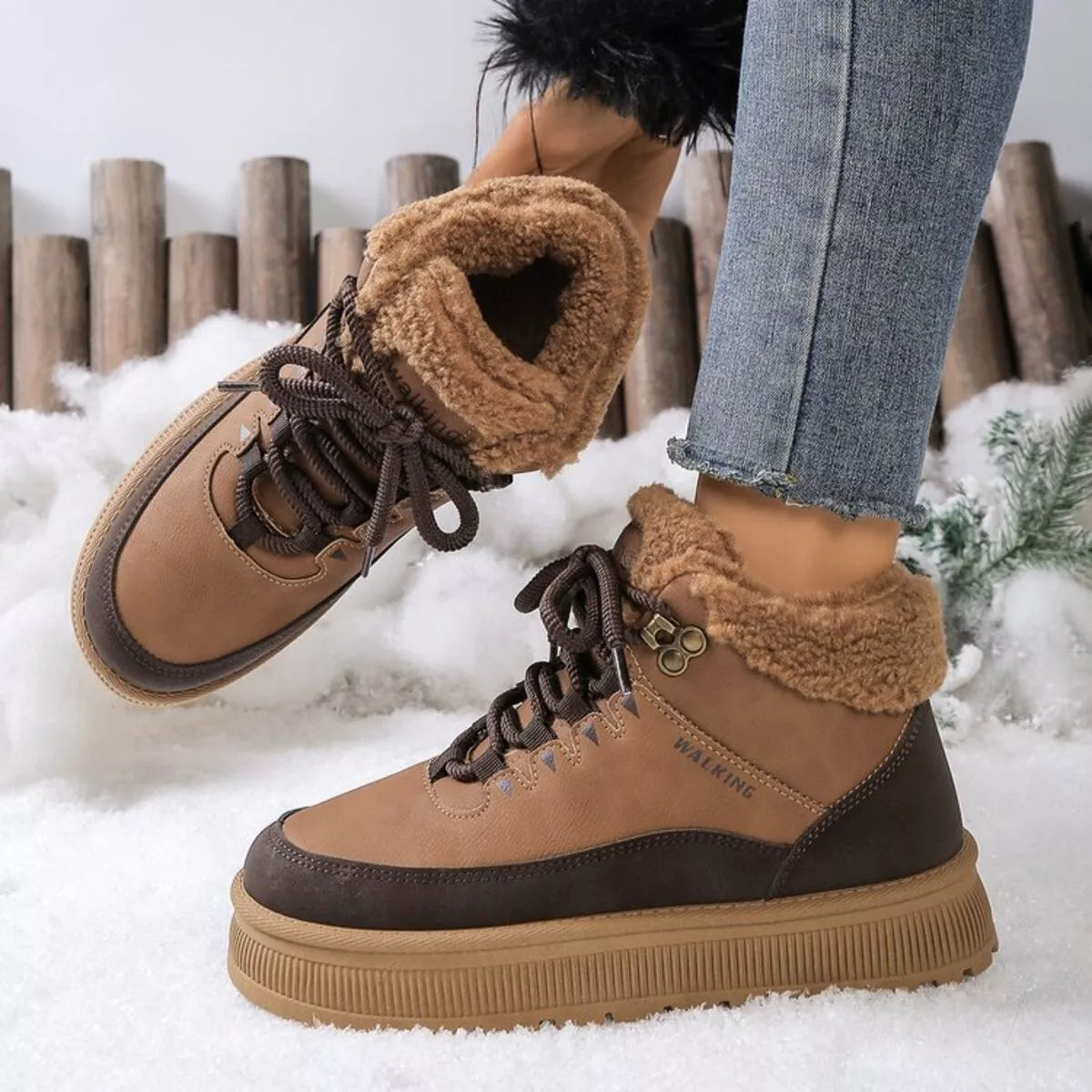 Brown winter boots with fur trim worn by a person in the snow.
