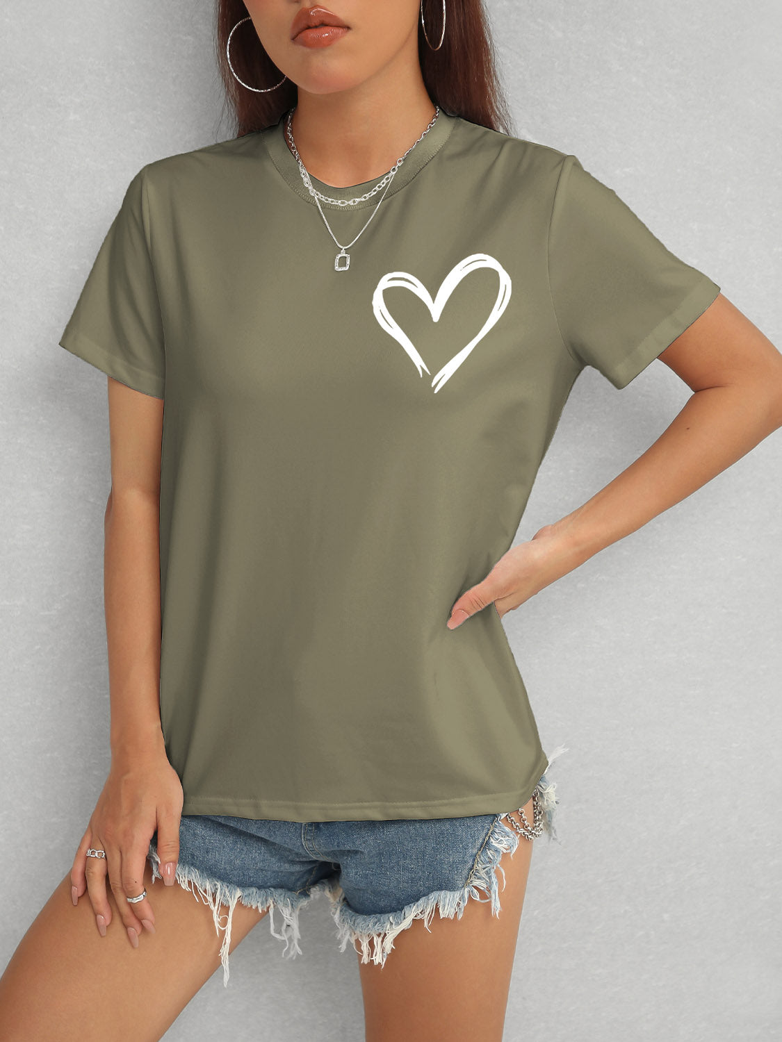 Front view of green Heart Round Neck Short Sleeve T-Shirt
