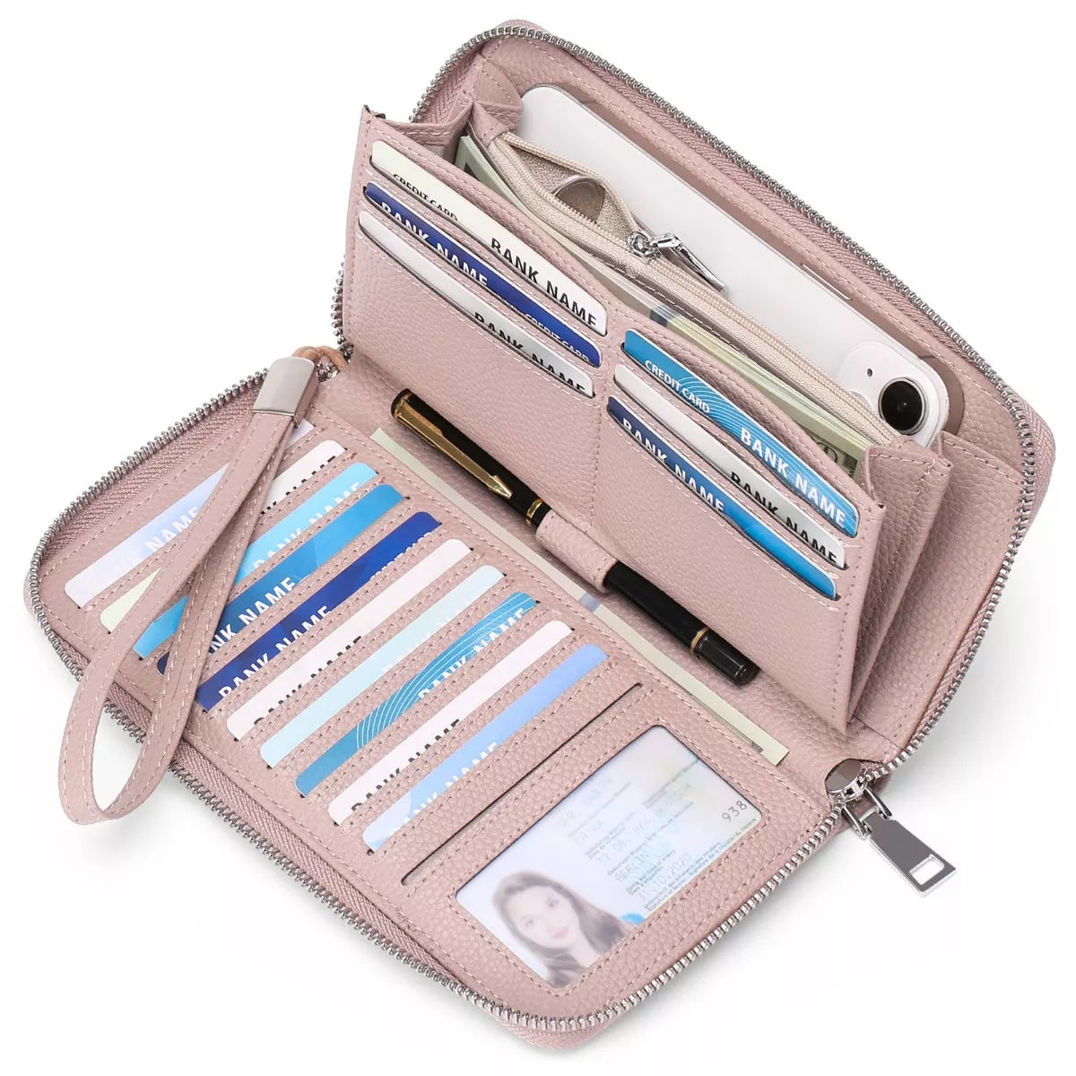 Pink wallet with various cards and a phone inside on a white background