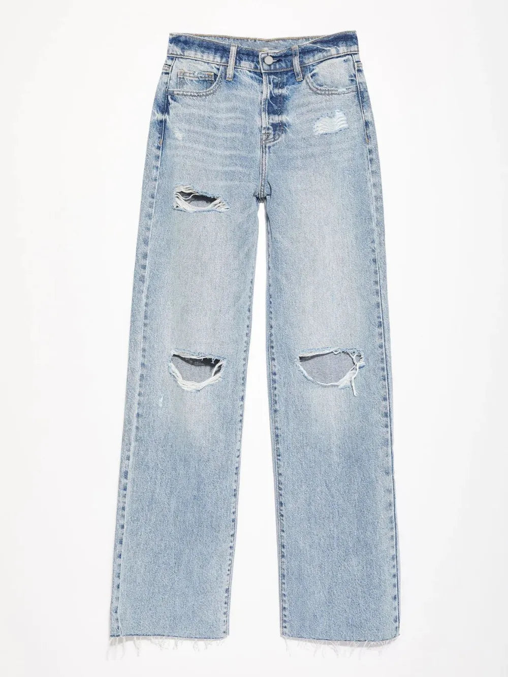 Light blue distressed jeans on a white background