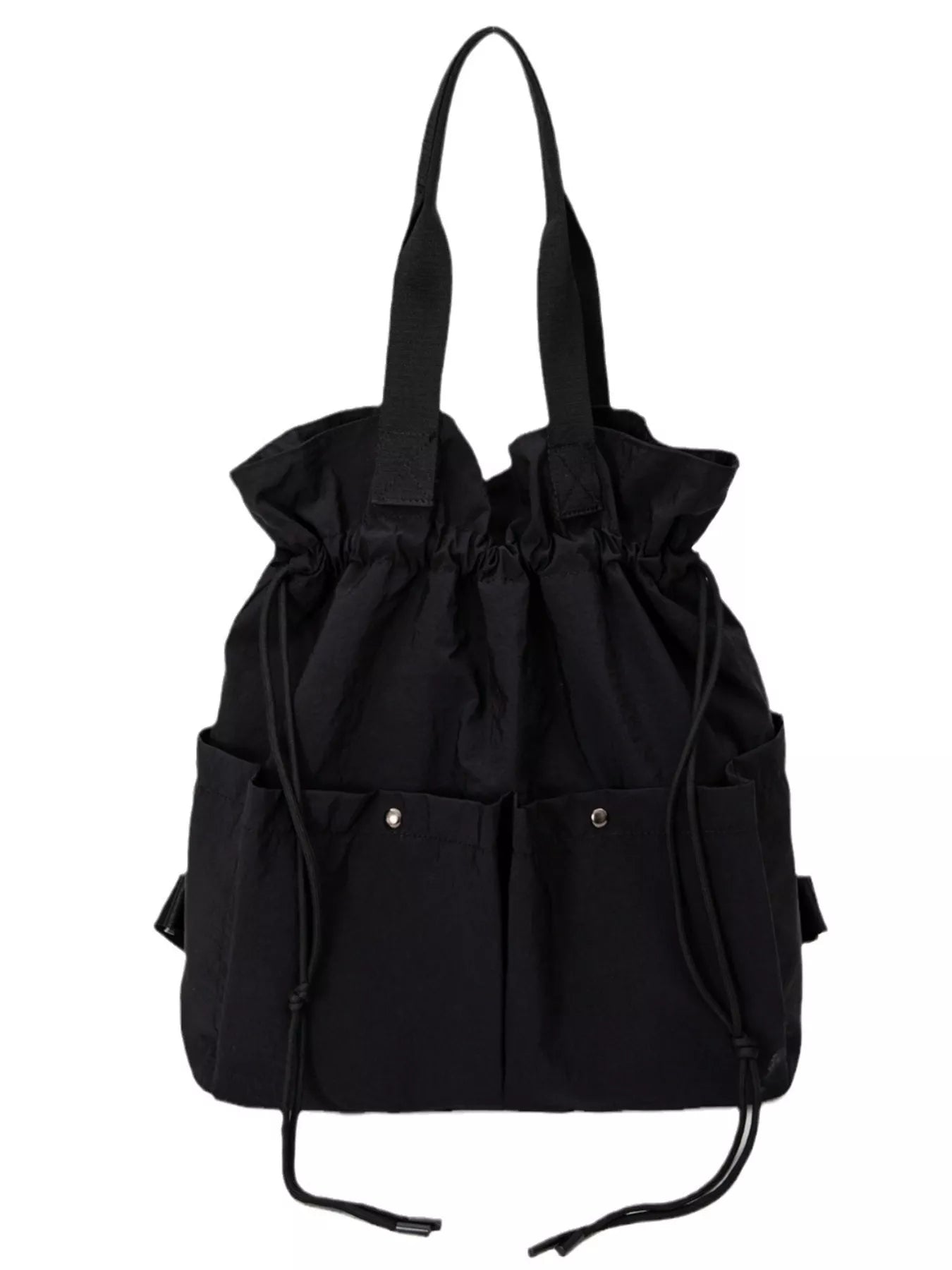 Black drawstring bag with multiple pockets on a white background