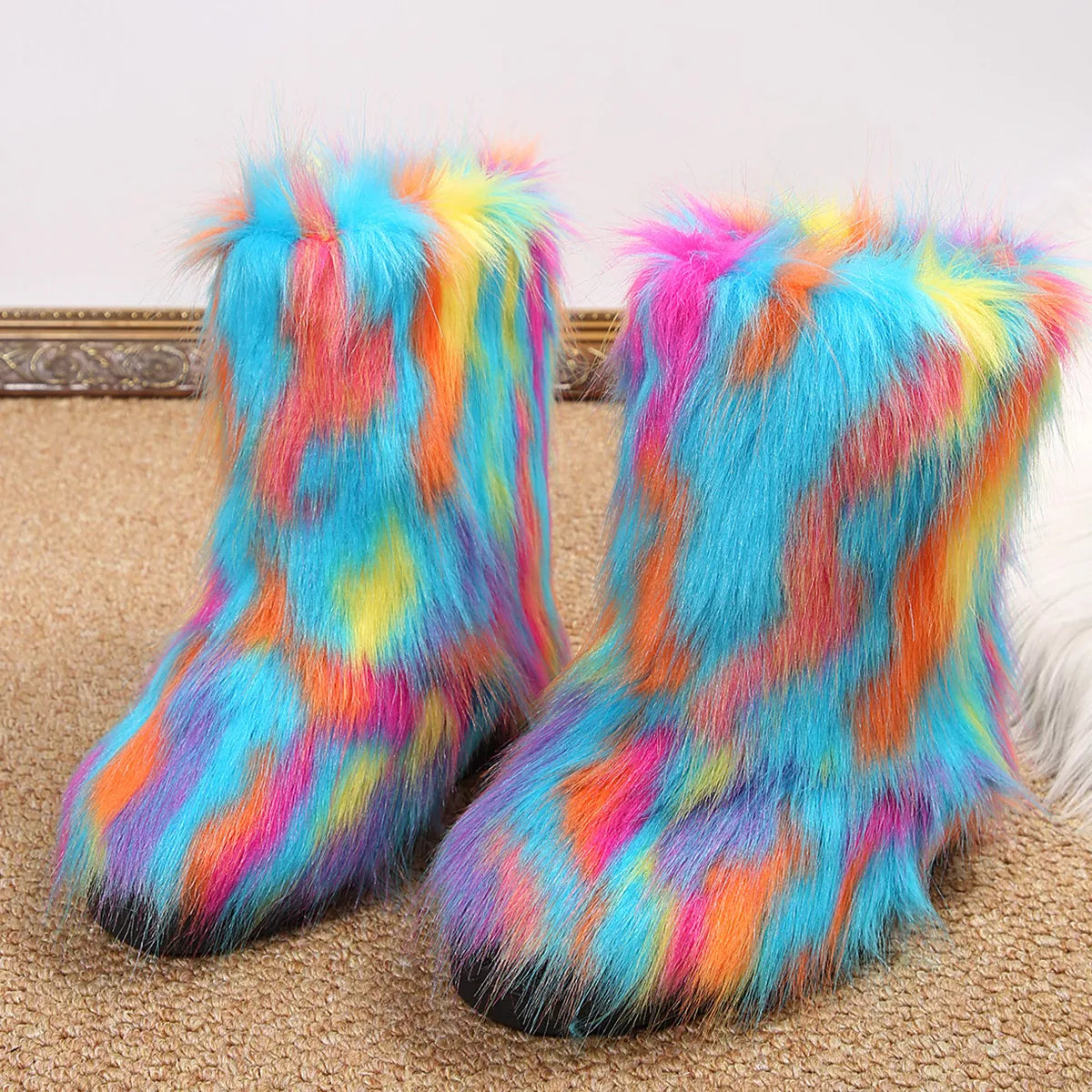 Colorful fuzzy boots on a carpeted floor