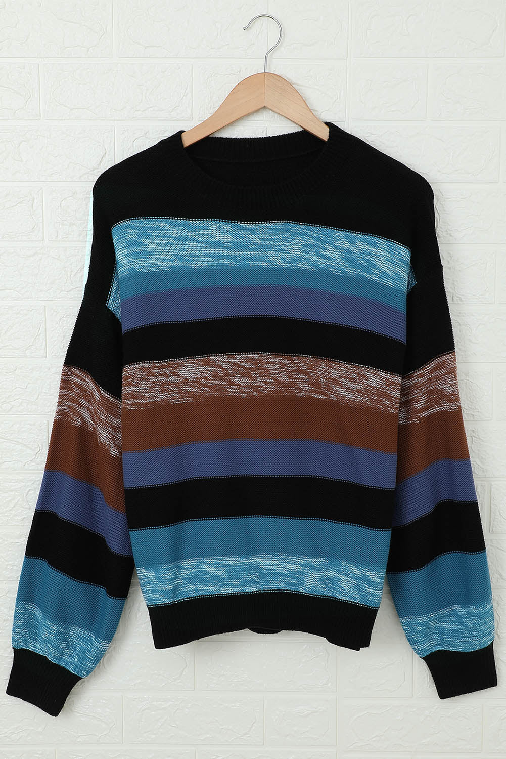 Full view of Contrast Striped Round Neck Drop Shoulder Sweater