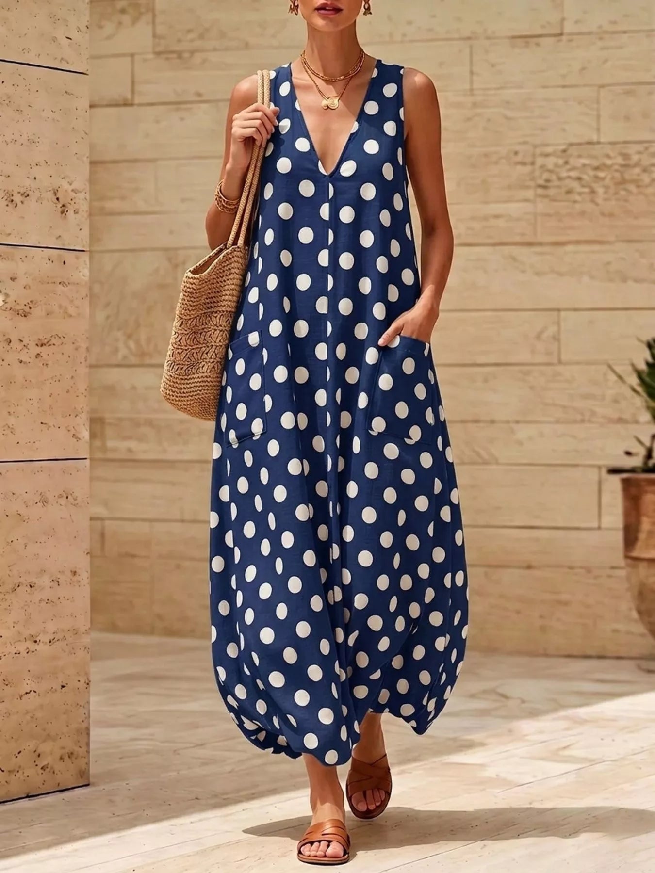 Navy blue Polka Dot V-Neck Sleeveless Maxi Dress