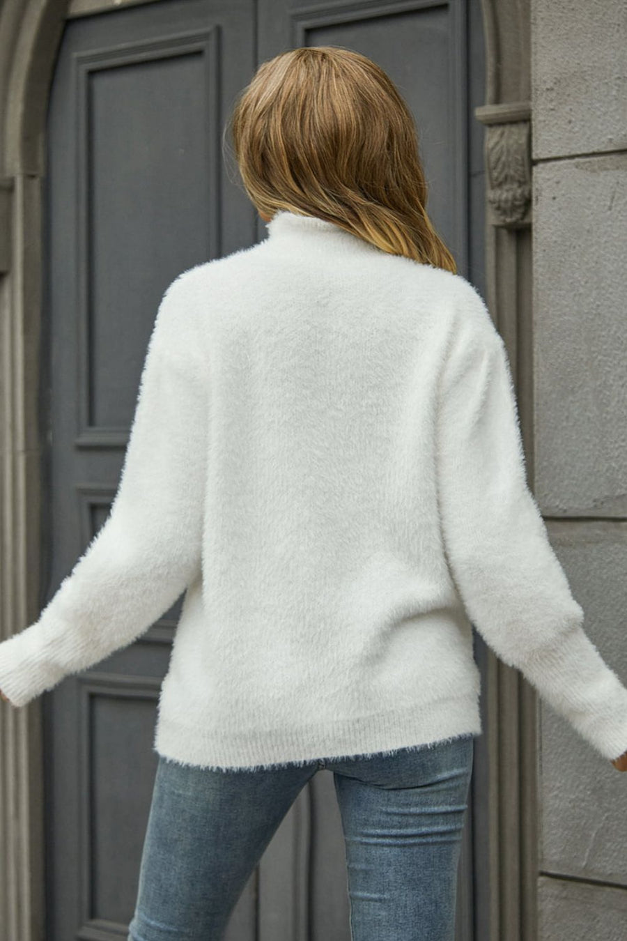Back of white Angel Wings Turtle Neck Long Sleeve Pullover Sweater