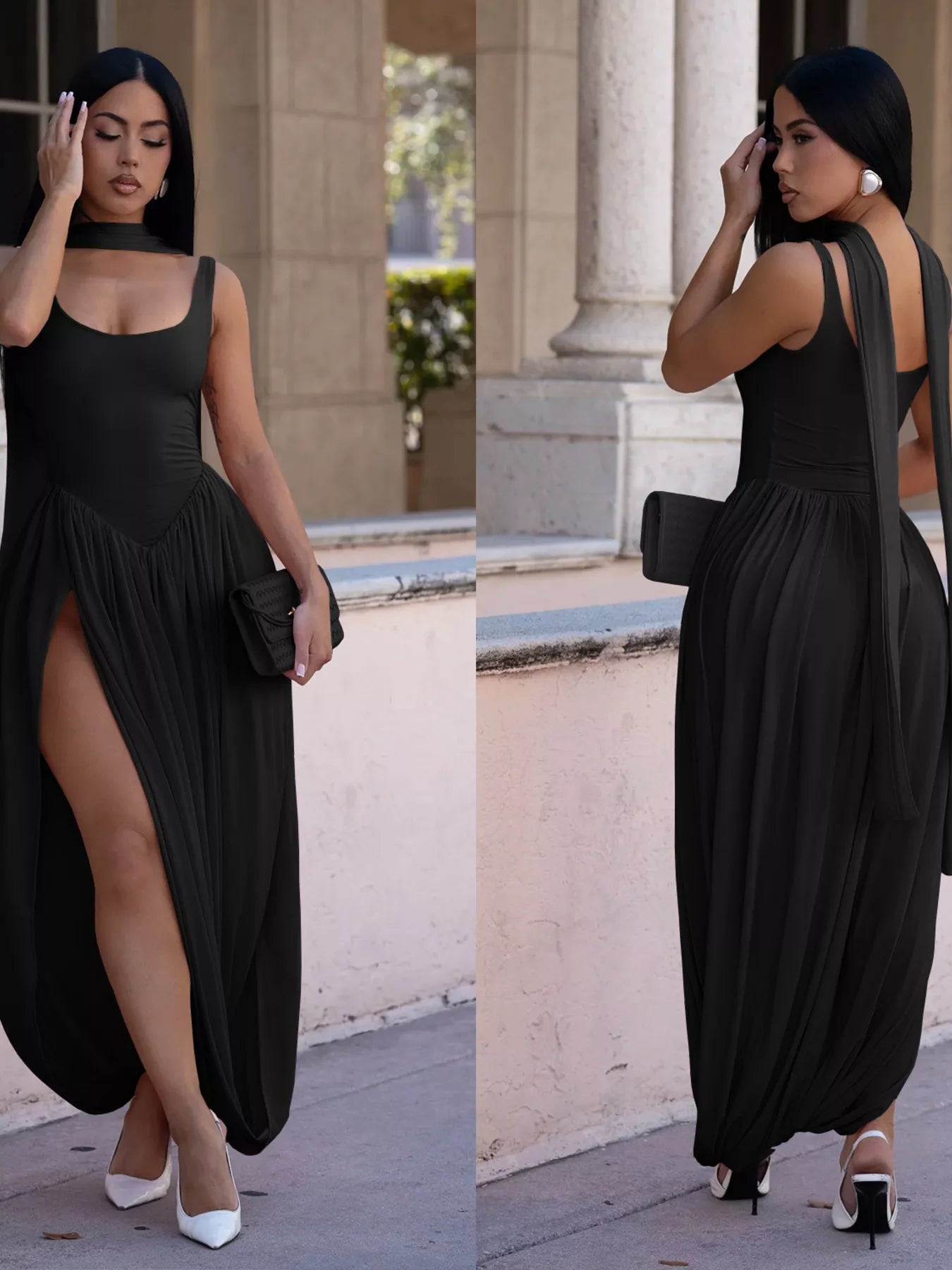 Woman wearing a black dress with a slit, standing outdoors.