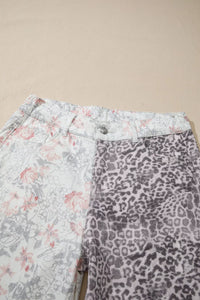 Two pairs of pants with floral and leopard print on a beige background