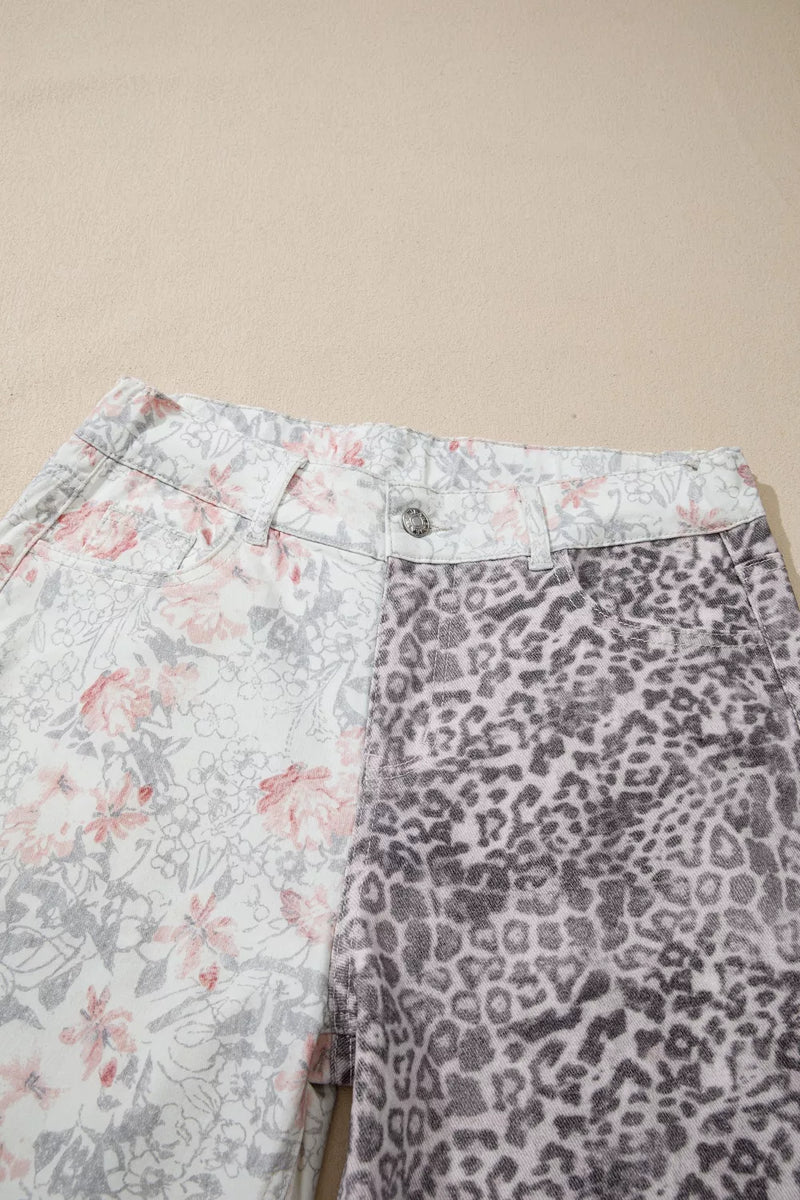 Two pairs of pants with floral and leopard print on a beige background