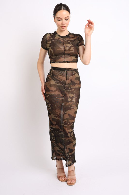 Camo printed top and maxi skirt set