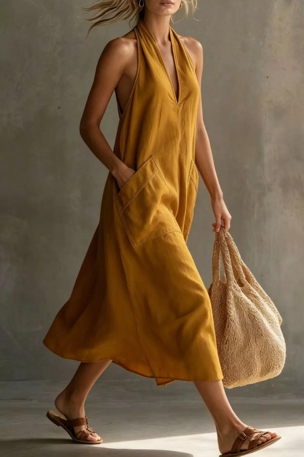 Woman in a mustard yellow dress holding a beige bag against a neutral background