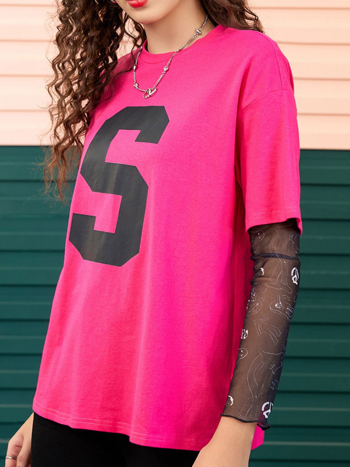 Side view of Letter Graphic Round Neck Half Sleeve T-Shirt