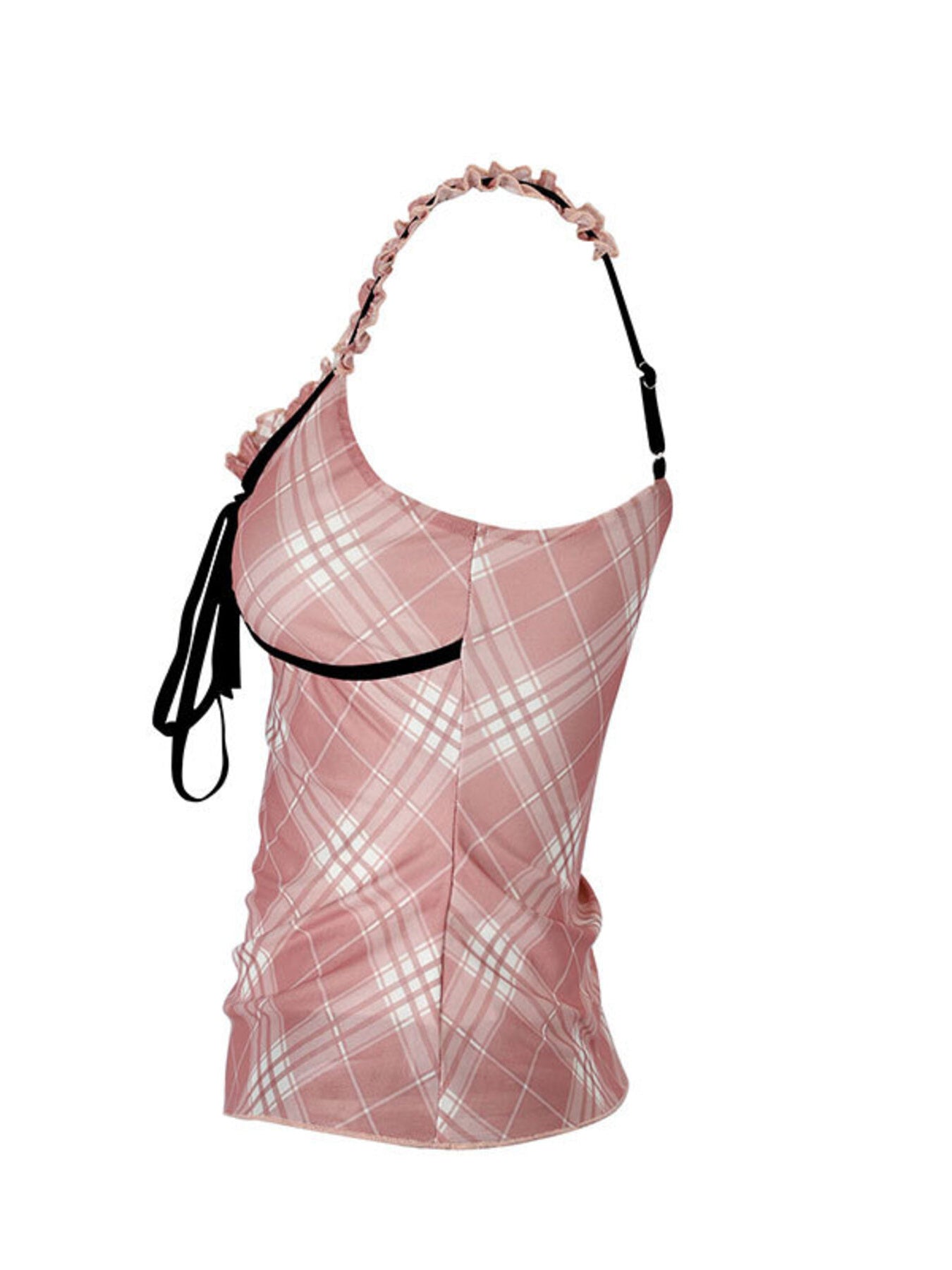 Pink plaid top with a black strap on a white background
