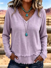 Women's V-Neck Long Sleeve Blouse with Frayed Hem Detail