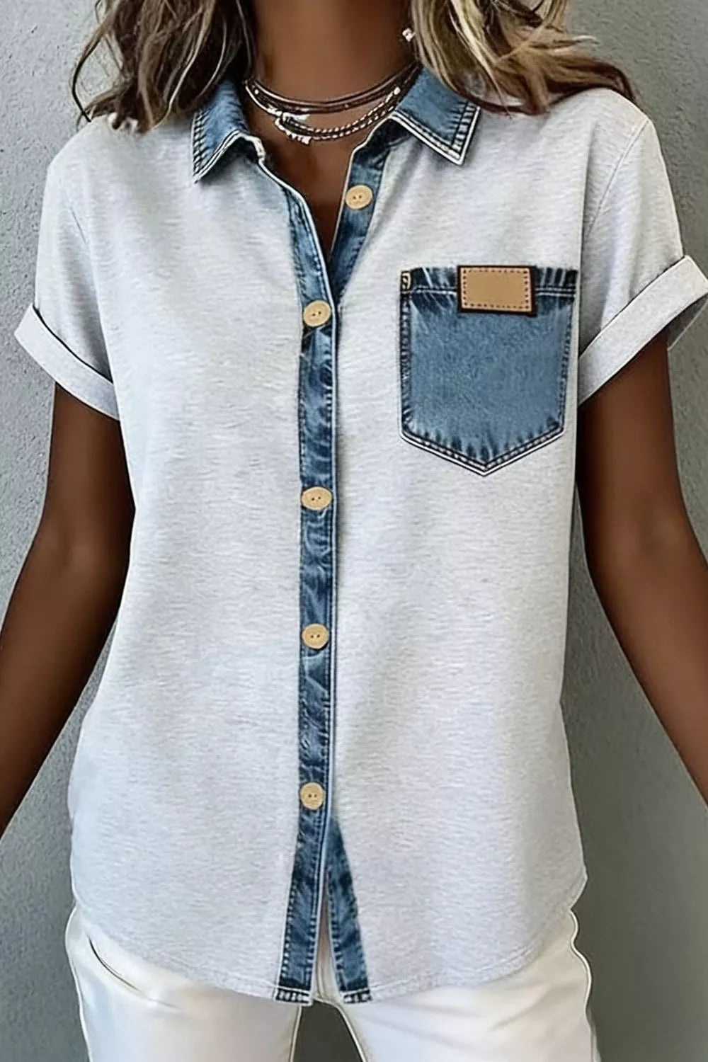 White shirt with denim accents and pocket on a plain background