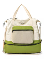 Green and beige tote bag with a visible brand name on a white background